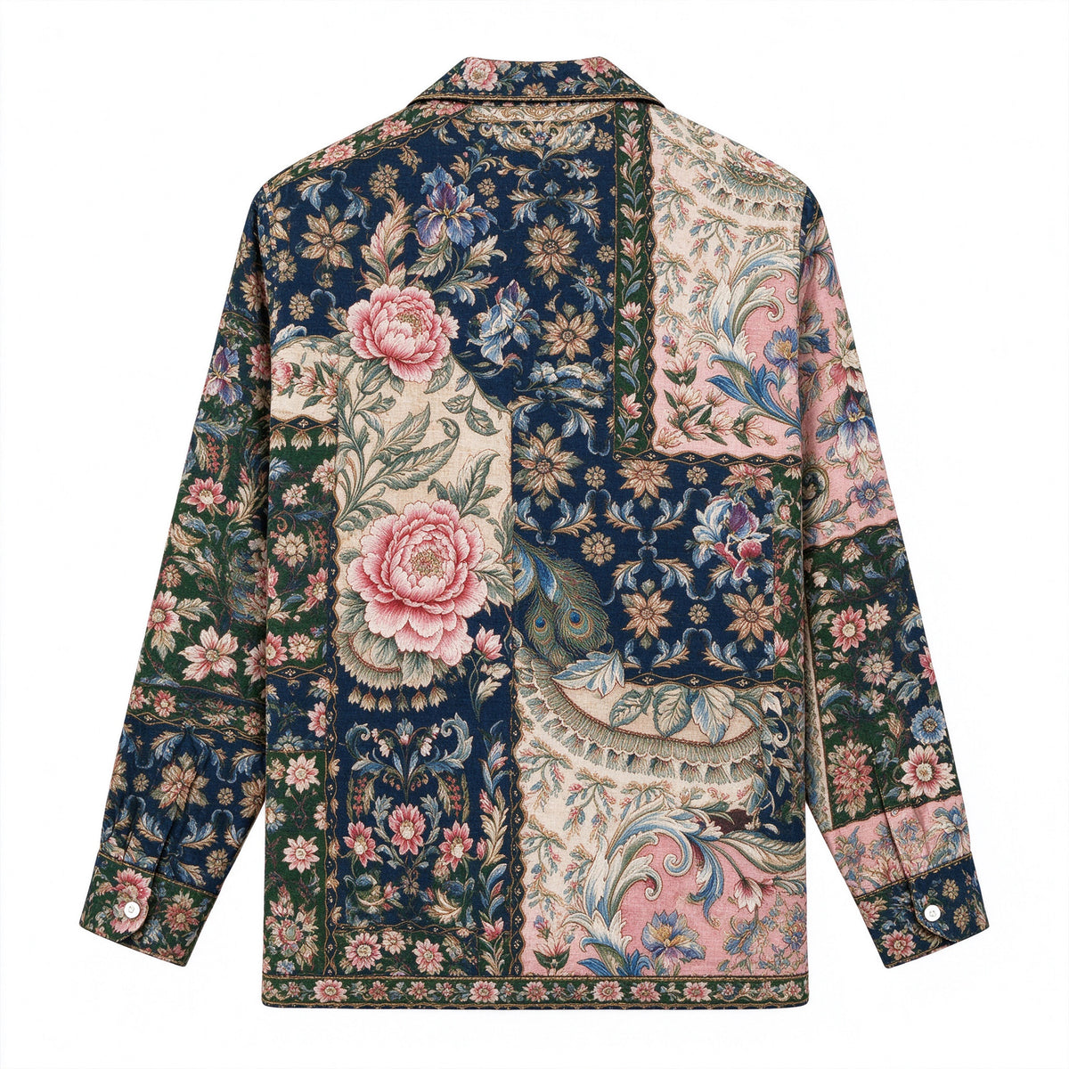 Vintage Tapestry Patchwork Peony Peacock Feather Long Sleeve Shirt