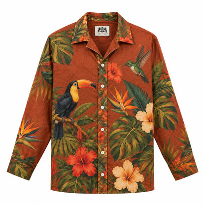 Tropical rainforest Print Long Sleeve Camp Collar Shirt