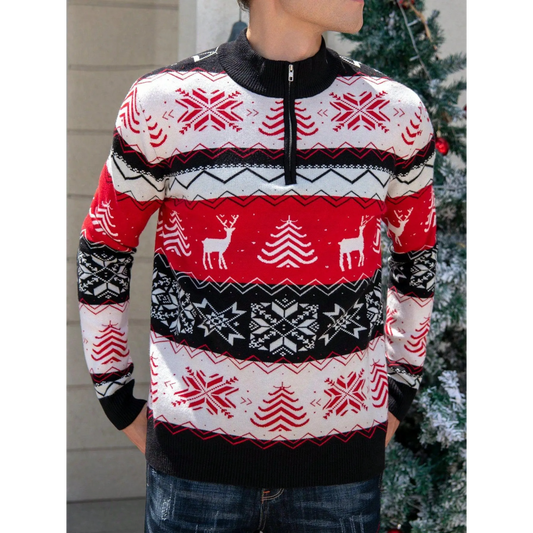 Men'S Christmas Reindeer Snowflake Zip Collar Sweater