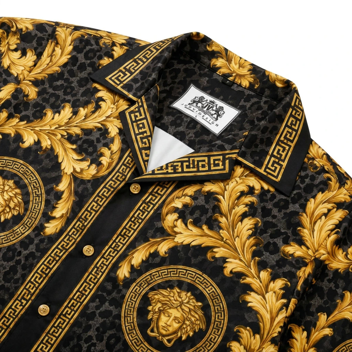 Black Baroque with Gold Patterns Print Long Sleeve Camp Collar Shirt