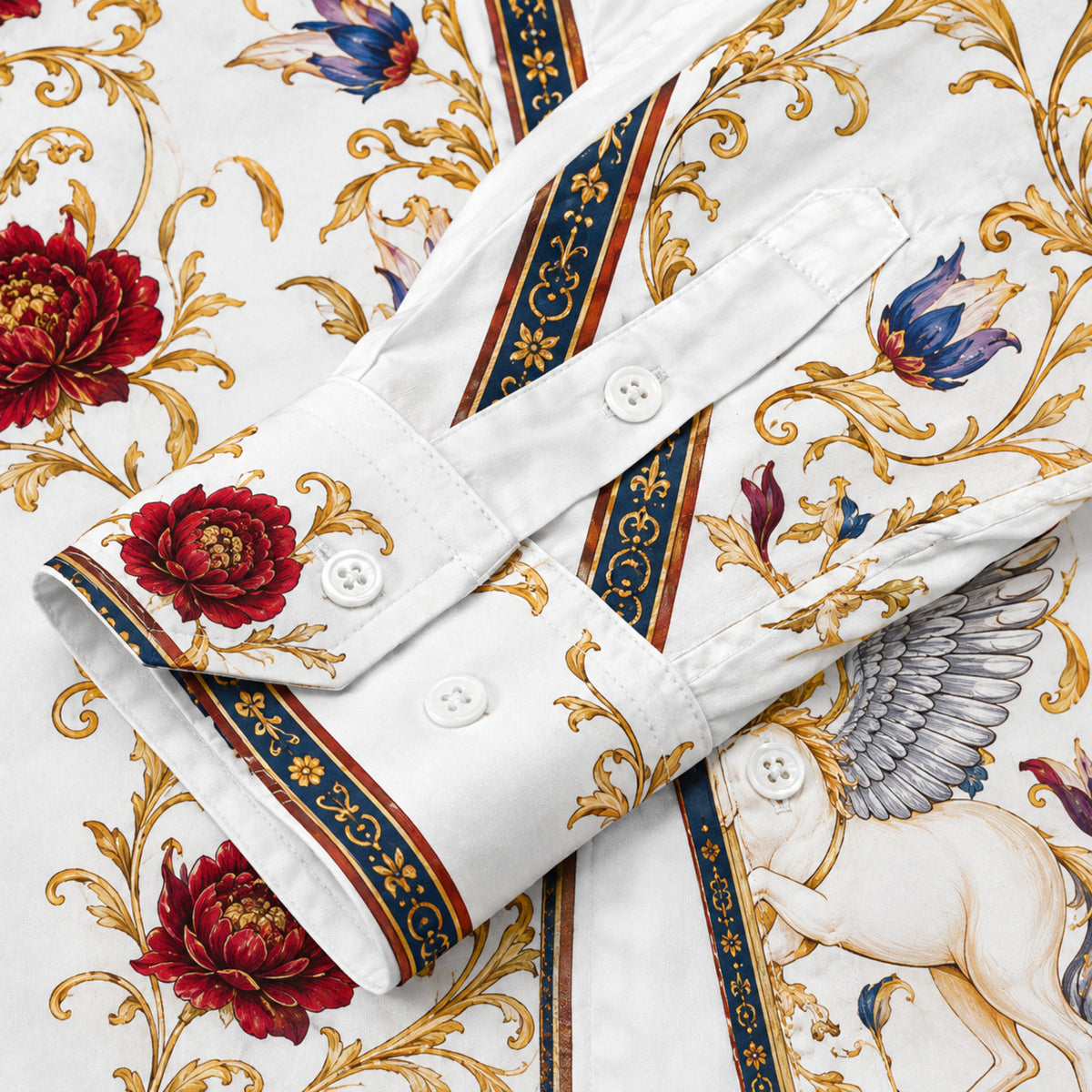 Vintage Mythological Winged Horse Floral Rococo Camp Collar Shirt