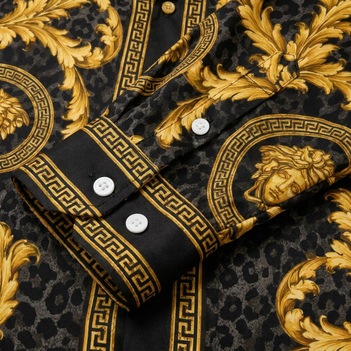 Black Baroque with Gold Patterns Print Long Sleeve Camp Collar Shirt