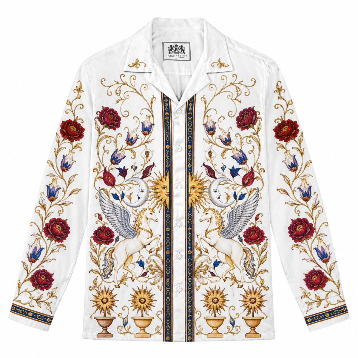 Vintage Mythological Winged Horse Floral Rococo Camp Collar Shirt