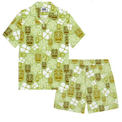 Vintage Holiday Tiki Art Green Men's Hawaiian Camp Collar Short Sleeve Shirt