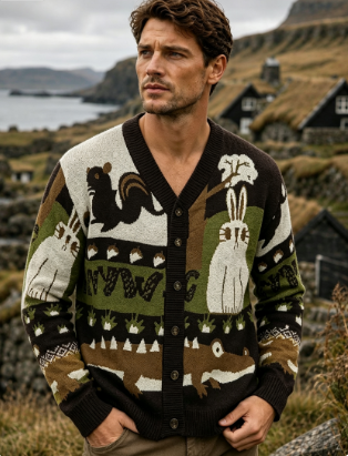Forest Animal Print Men’s Knit Cardigan