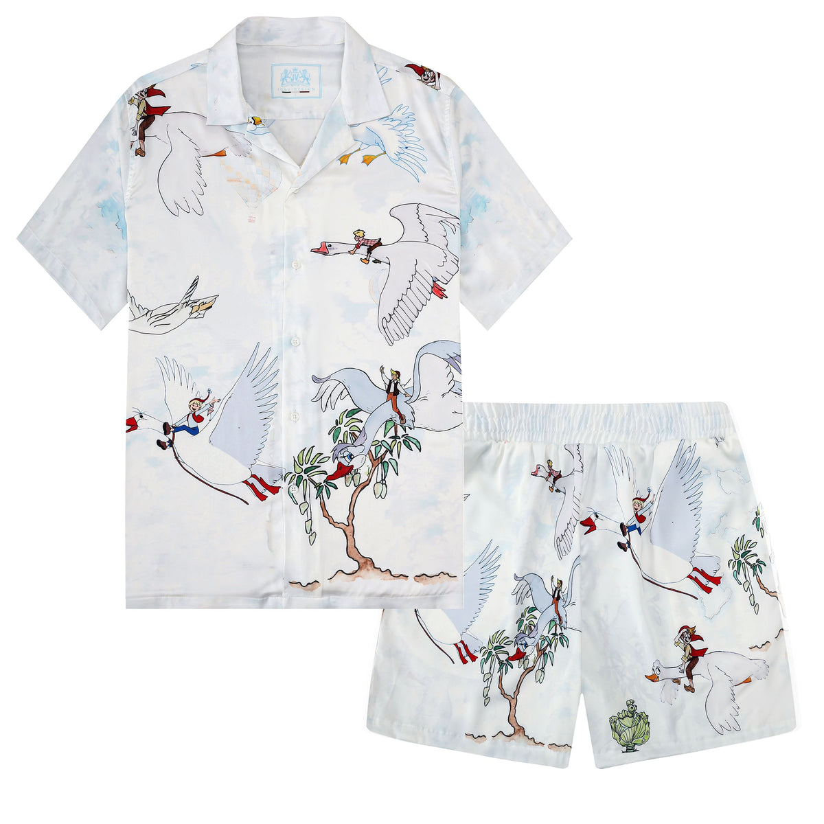 Red-crown Crane Pattern Silk Fiber Waistband Shorts