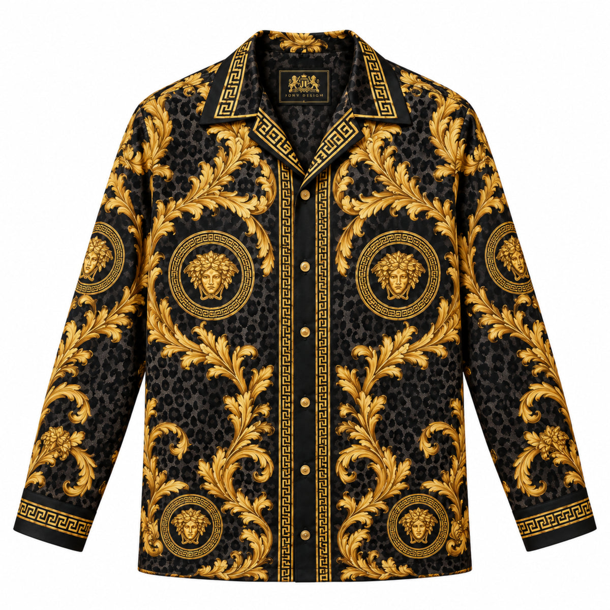 Black Baroque with Gold Patterns Print Long Sleeve Camp Collar Shirt