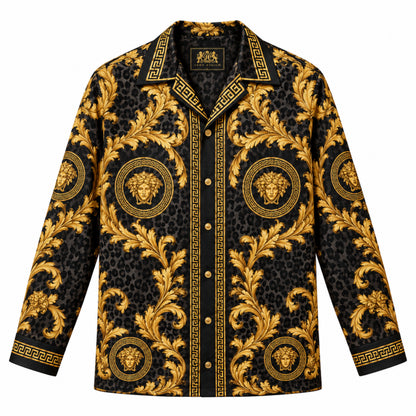 Black Baroque with Gold Patterns Print Long Sleeve Camp Collar Shirt