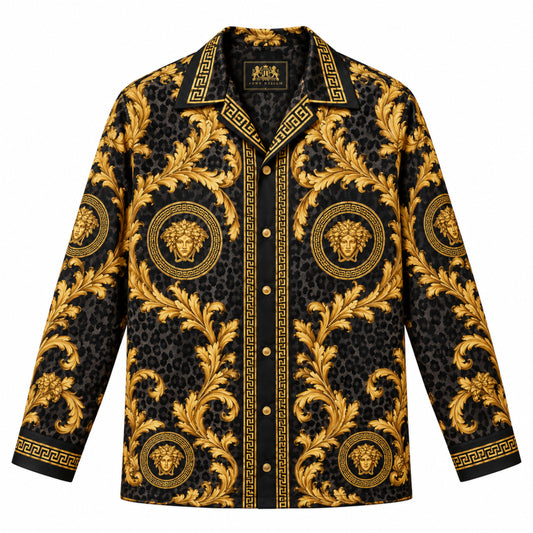 Black Baroque with Gold Patterns Print Long Sleeve Camp Collar Shirt