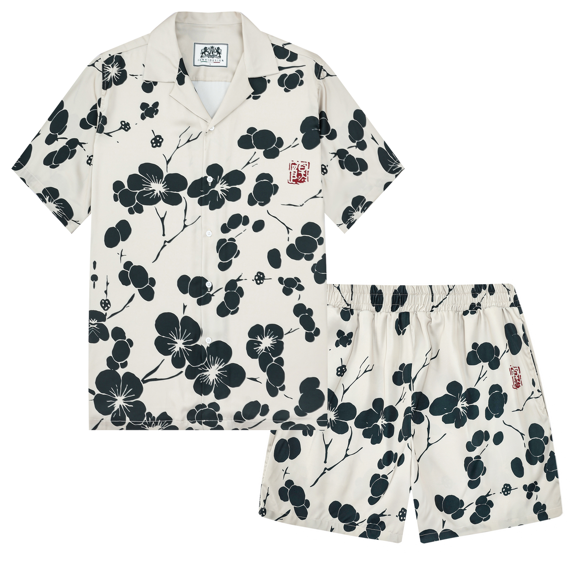 Black Plum Blossom Print Design Camp Collar Short Sleeve Shirt