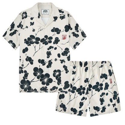 Black Plum Blossom Print Design Camp Collar Short Sleeve Shirt