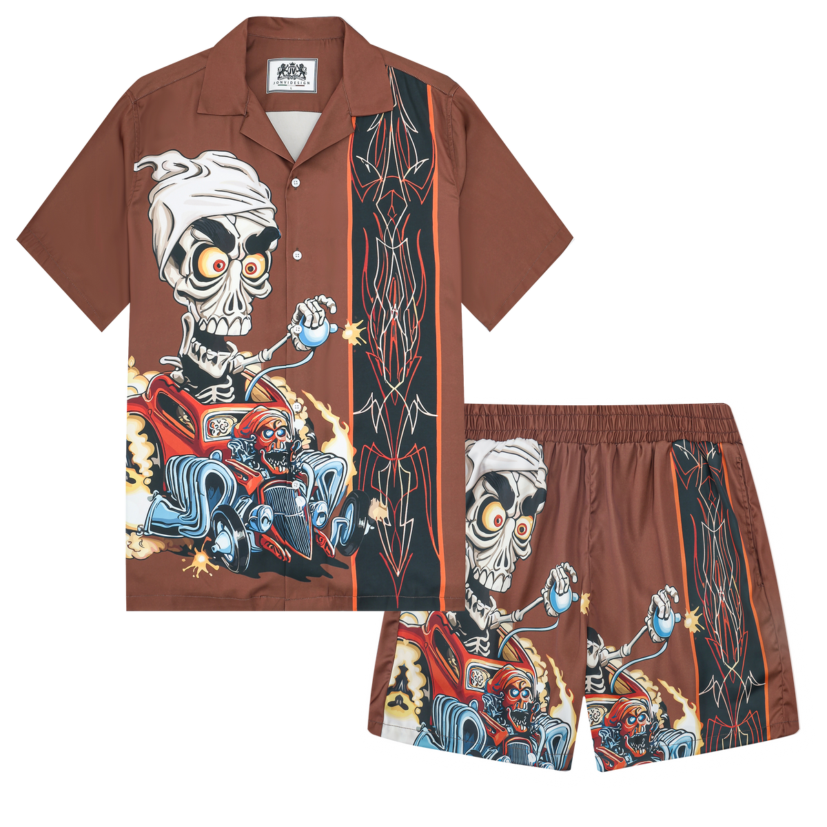 Skull Car Print Camp Collar Short Sleeve Shirt