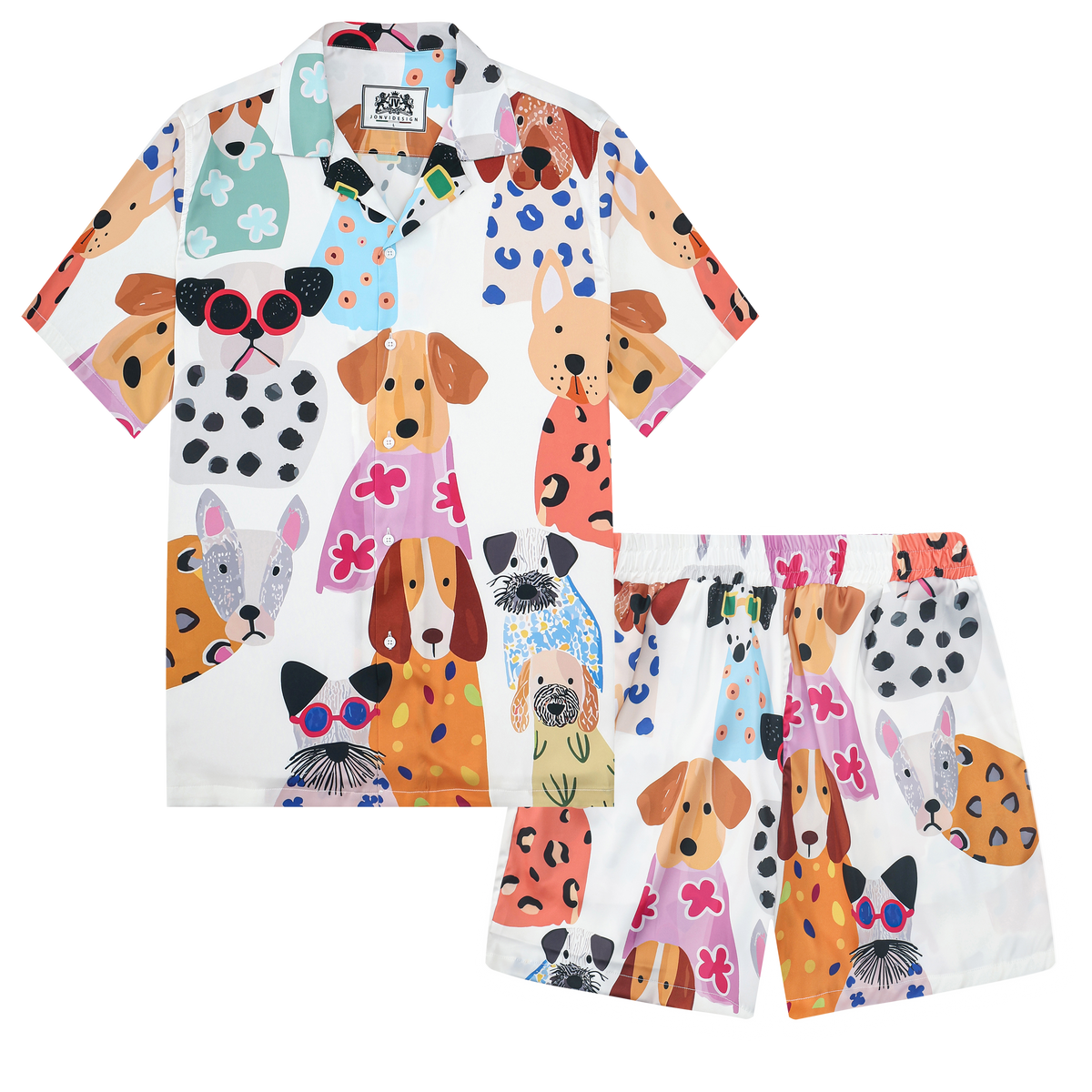 Puppy Paradise Print Camp Collar Short Sleeve Shirt