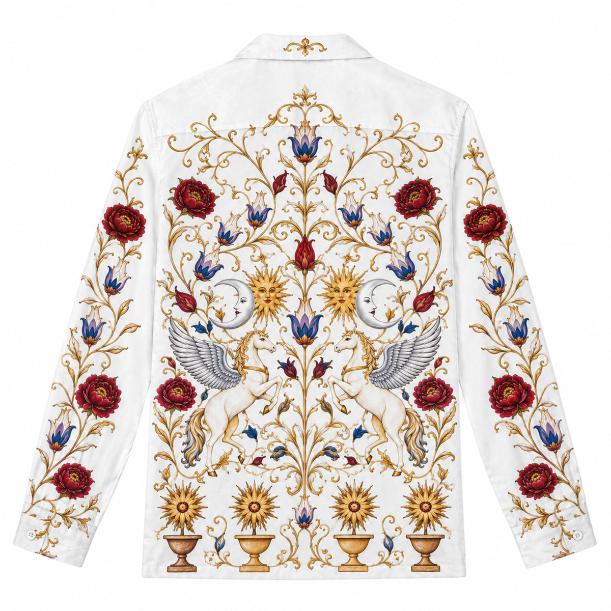Vintage Mythological Winged Horse Floral Rococo Camp Collar Shirt