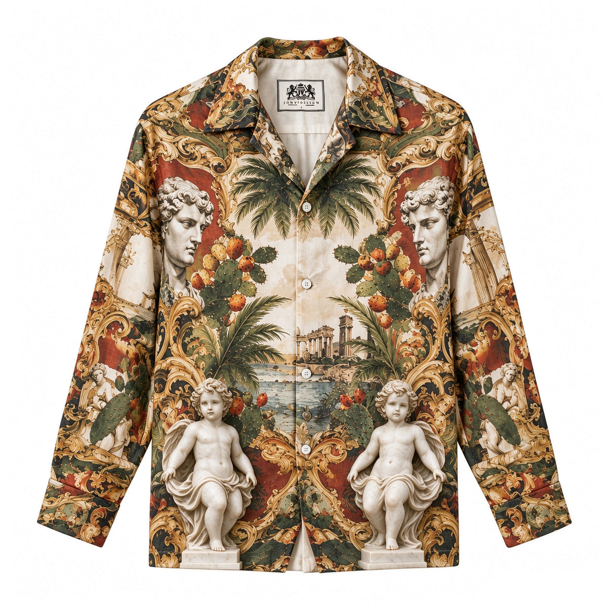 Cactus and Angel Statue  Print Long Sleeve Camp Collar Shirt