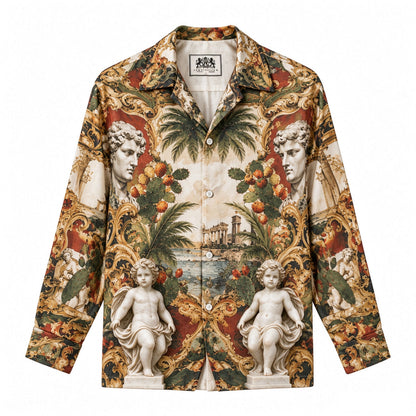 Cactus and Angel Statue  Print Long Sleeve Camp Collar Shirt