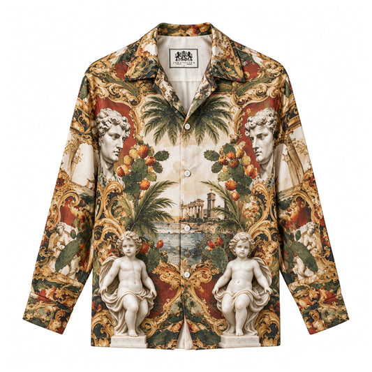 Cactus and Angel Statue  Print Long Sleeve Camp Collar Shirt