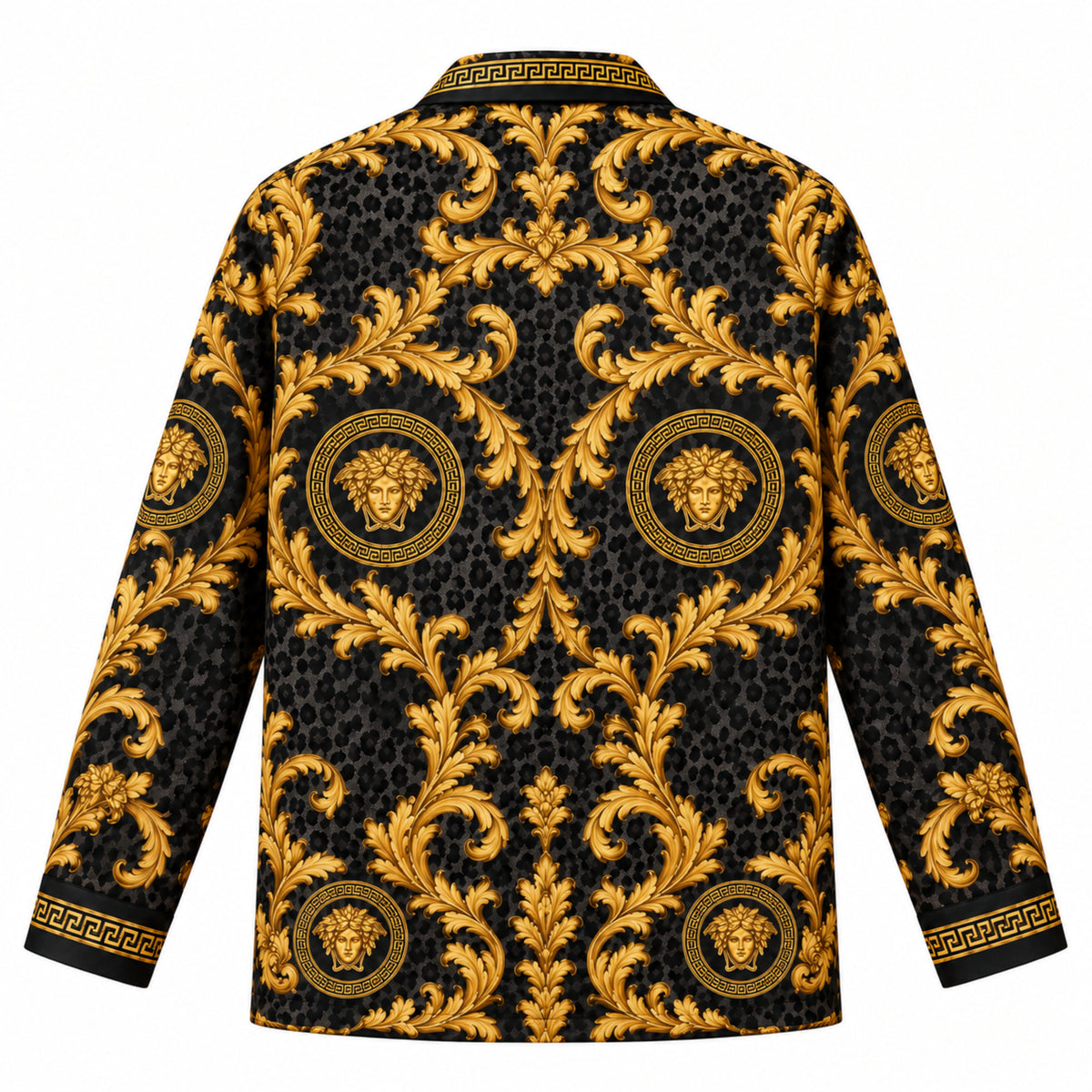 Black Baroque with Gold Patterns Print Long Sleeve Camp Collar Shirt