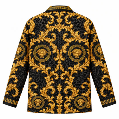 Black Baroque with Gold Patterns Print Long Sleeve Camp Collar Shirt