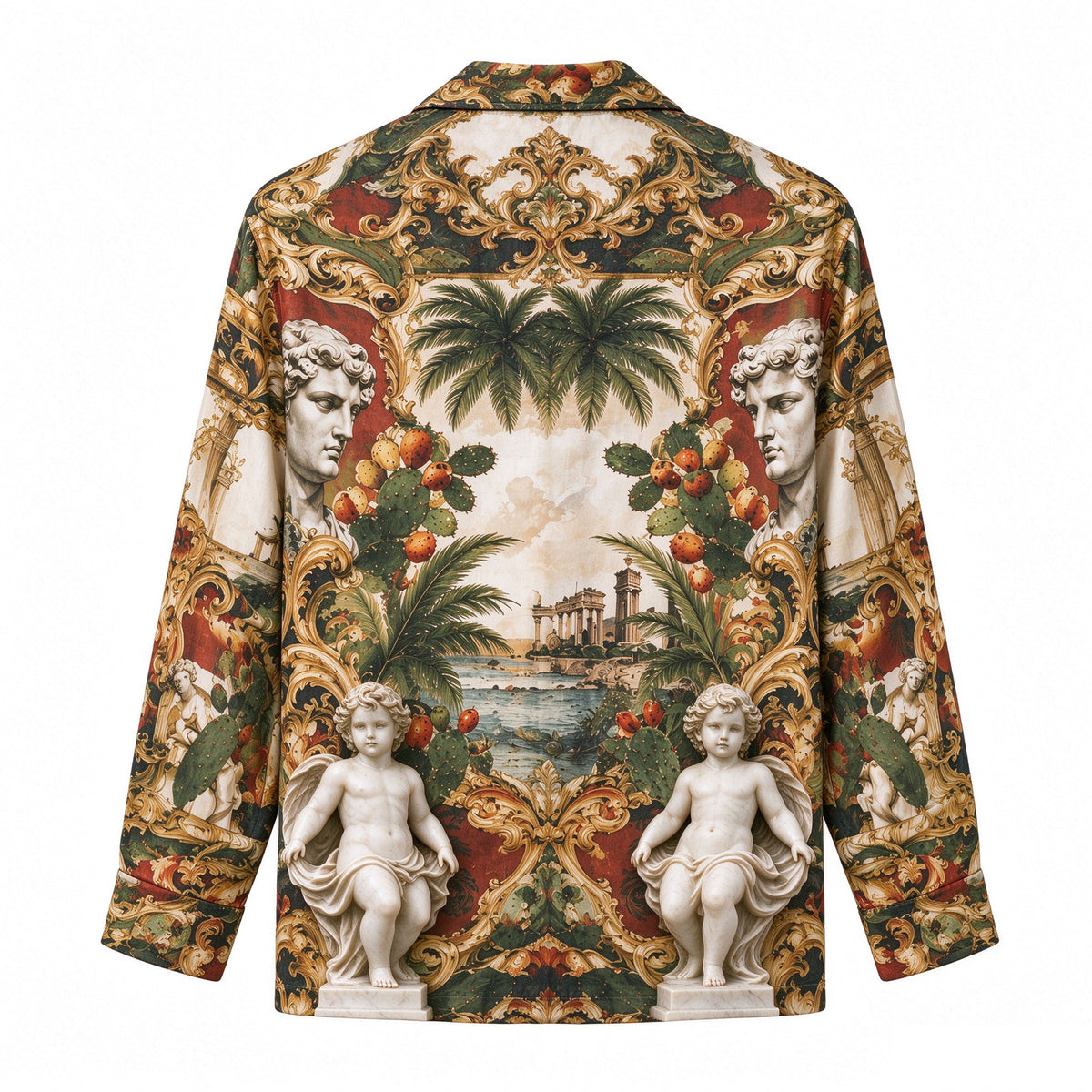Cactus and Angel Statue  Print Long Sleeve Camp Collar Shirt