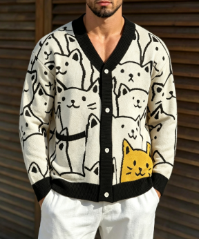 Cartoon Cat Print Men’s Knit Sweater