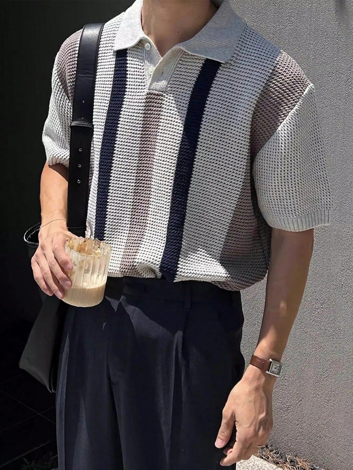 Men's Striped Polo Short‑Sleeve Knit Sweater