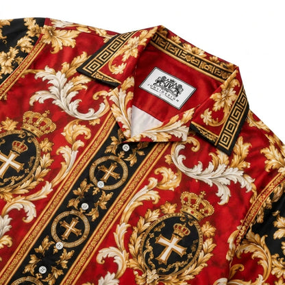 Baroque Crown and Cross Emblem Print Long Sleeve Camp Collar Shirt