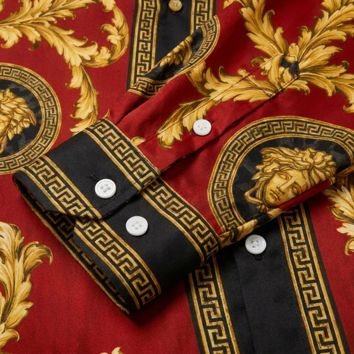Baroque Crown and Cross Emblem Print Long Sleeve Camp Collar Shirt