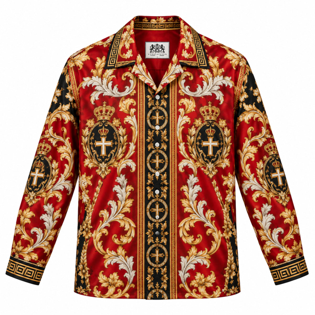 Baroque Crown and Cross Emblem Print Long Sleeve Camp Collar Shirt