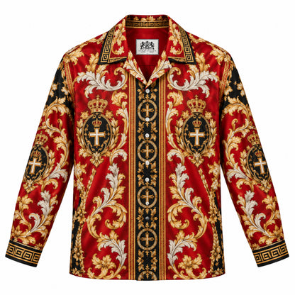 Baroque Crown and Cross Emblem Print Long Sleeve Camp Collar Shirt