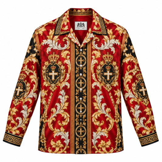 Baroque Crown and Cross Emblem Print Long Sleeve Camp Collar Shirt
