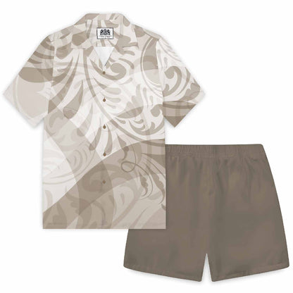 Light Brown On White Polynesian Elastic Waistband Summer Casual Shorts
