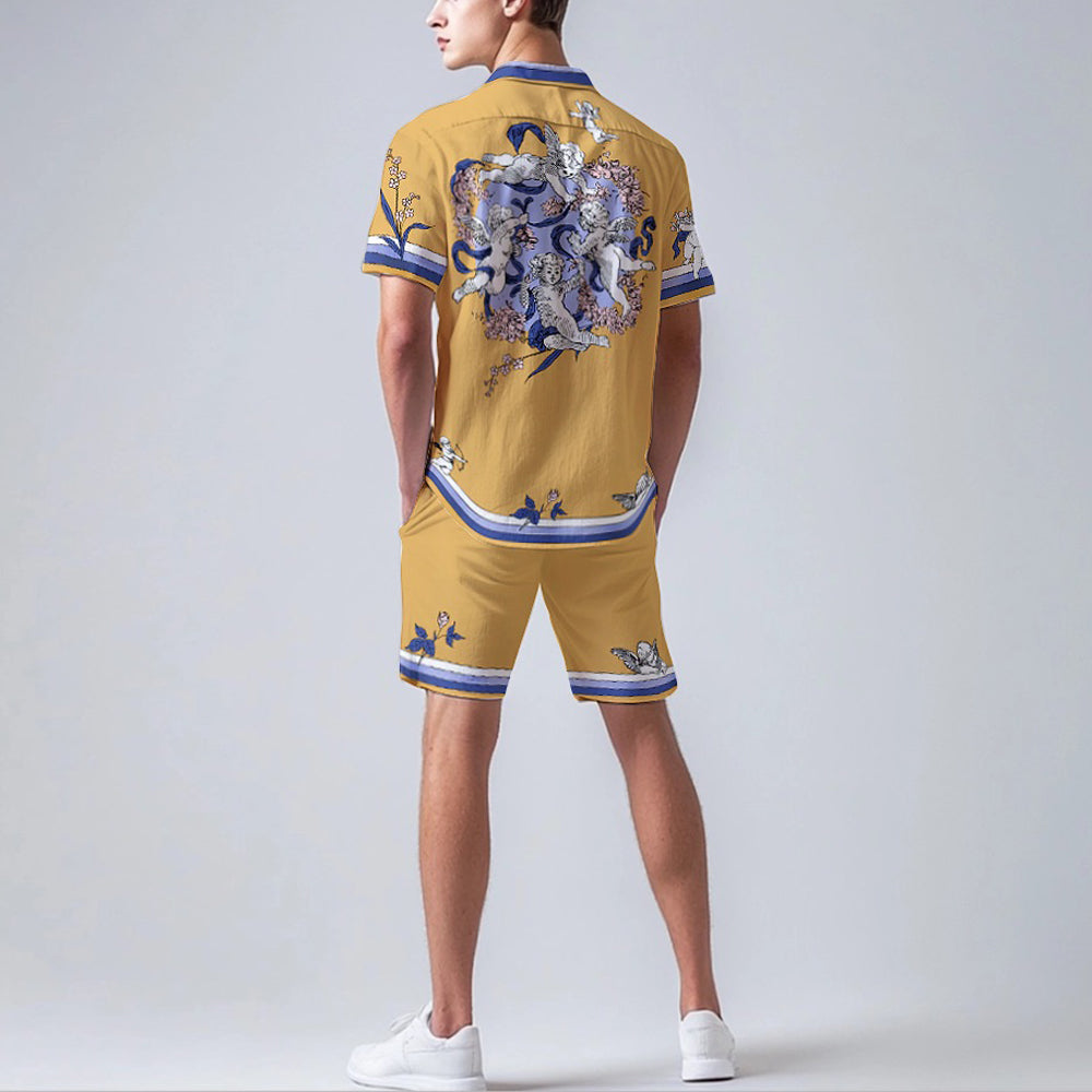 Little Angel Playing Print Camp Collar Short Sleeve Shirt