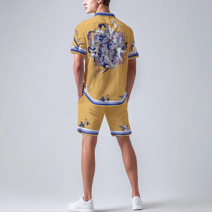 Little Angel Playing Print Camp Collar Short Sleeve Shirt