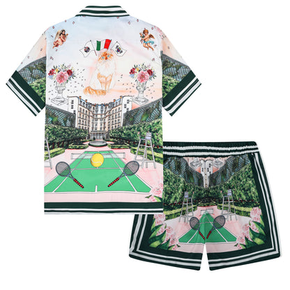 Tennis Court Cat Print Short Sleeve Camp Collar Shirt