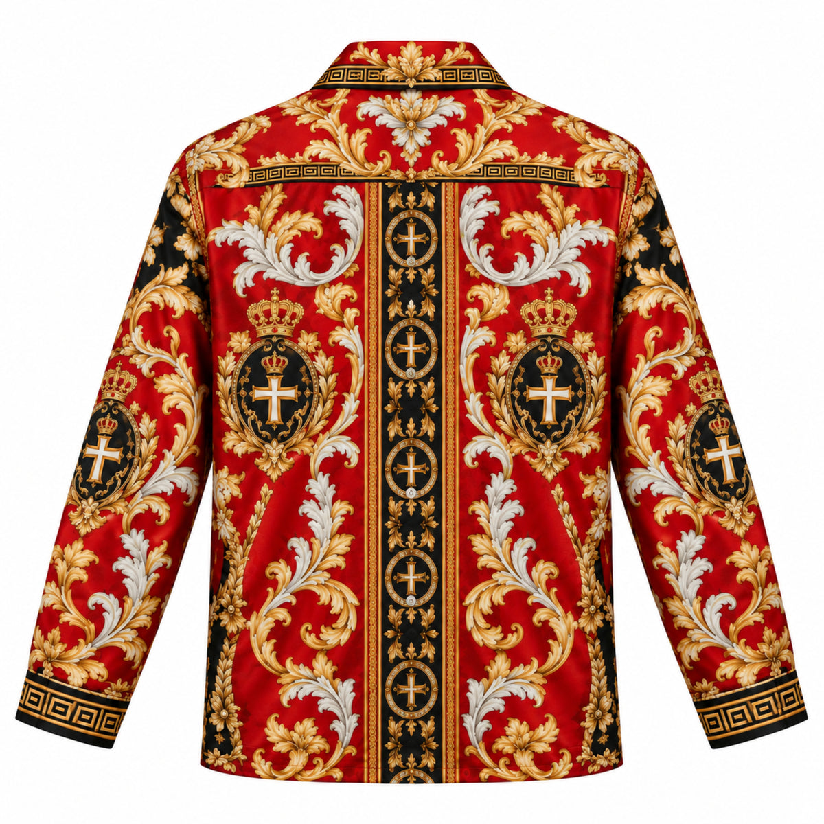 Baroque Crown and Cross Emblem Print Long Sleeve Camp Collar Shirt