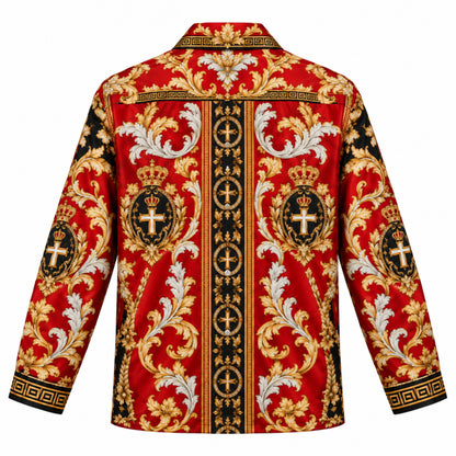 Baroque Crown and Cross Emblem Print Long Sleeve Camp Collar Shirt