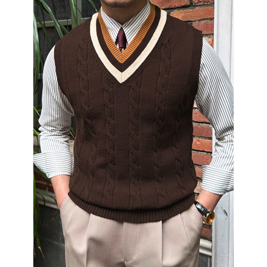V‑neck Cable Knit Men's Vest, Two‑tone Trim Collar