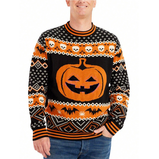 Men'S Halloween Pumpkin Skull Print Knit Sweater