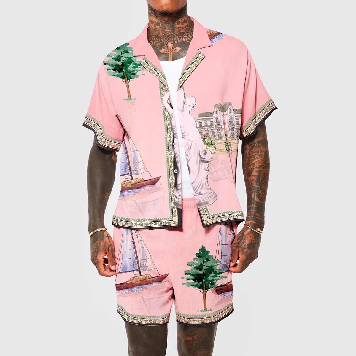 Pink Goddess Statue Pattern Camp Collar Casual Shirt