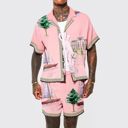 Pink Goddess Statue Pattern Camp Collar Casual Shirt