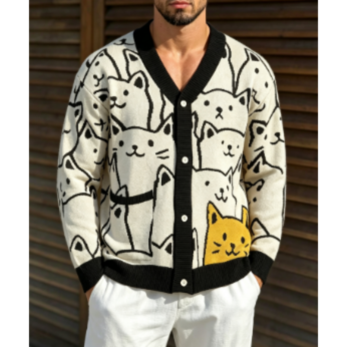 Cartoon Cat Print Men’s Knit Sweater