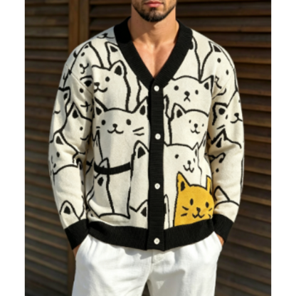 Cartoon Cat Print Men’s Knit Sweater