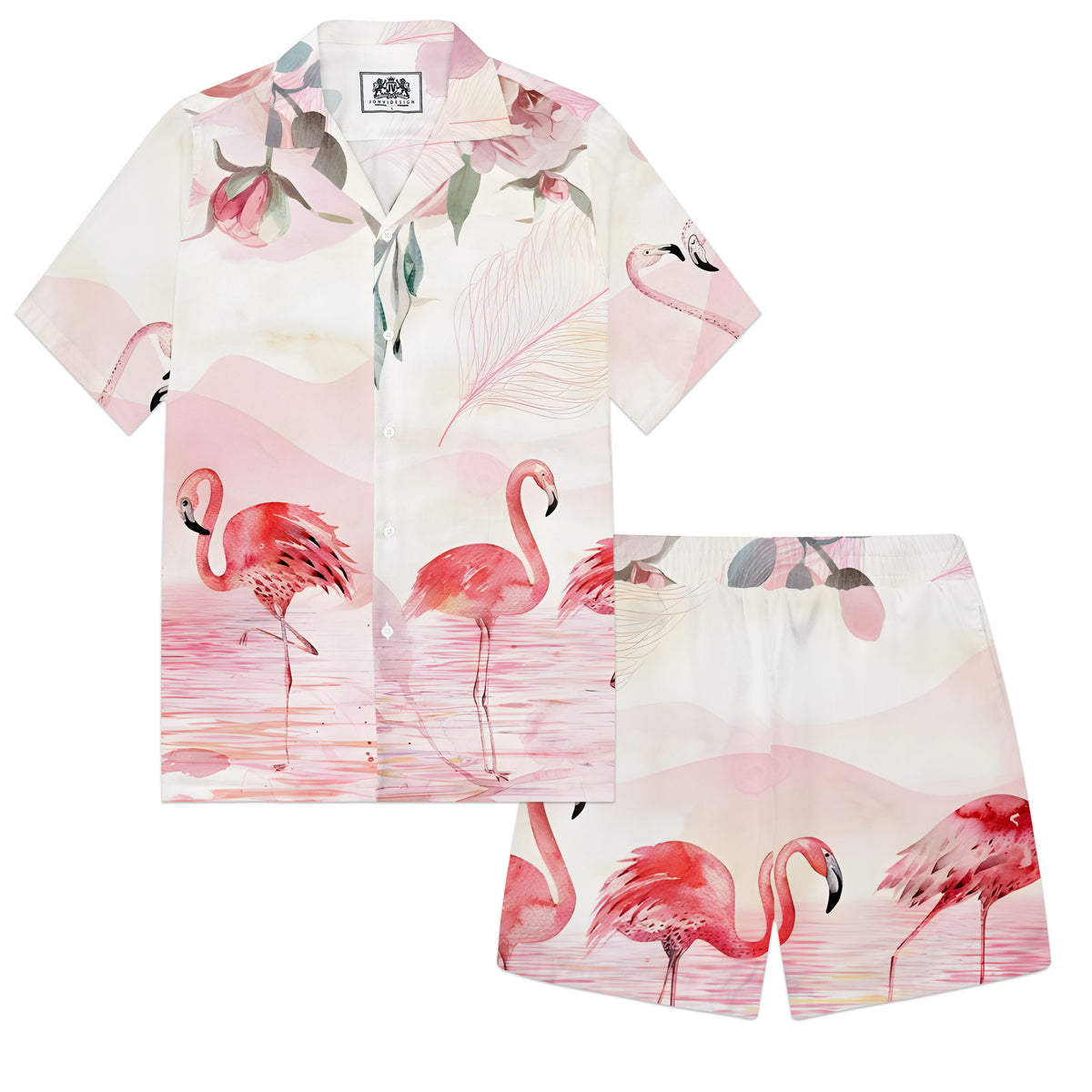 Pink Flamingo Print Elastic Waistband Summer Casual Shorts