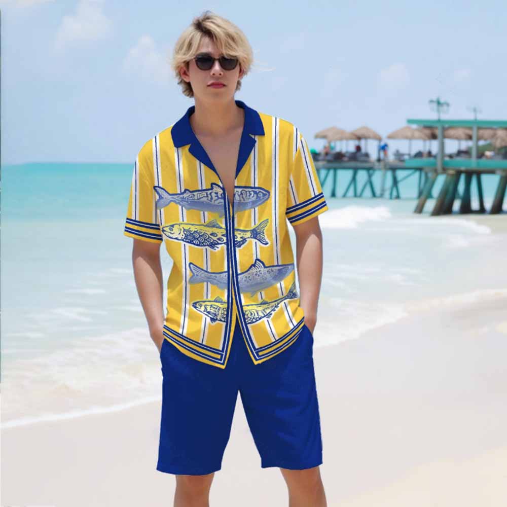 Yellow Striped Fish Print Camp Collar Short Sleeve Shirt