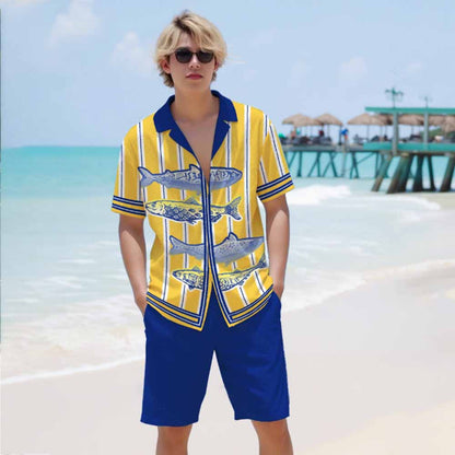Yellow Striped Fish Print Camp Collar Short Sleeve Shirt