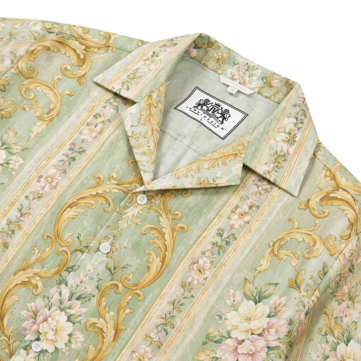 Golden clover powder peony baroque Print Long Sleeve Camp Collar Shirt