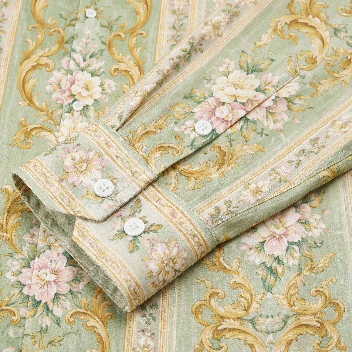 Golden clover powder peony baroque Print Long Sleeve Camp Collar Shirt