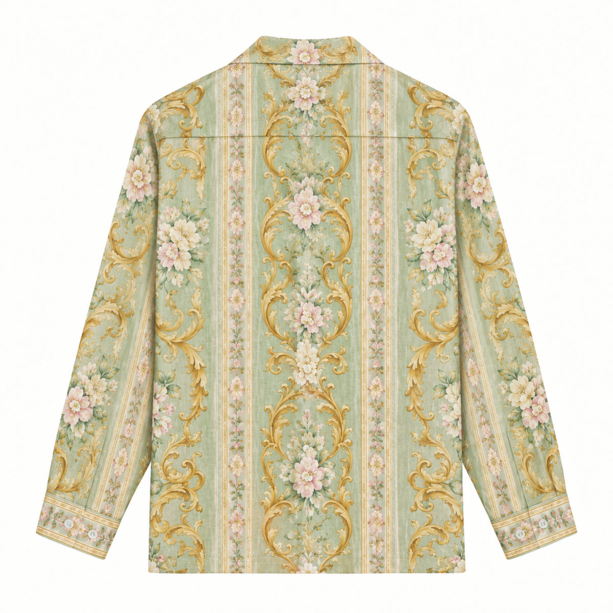 Golden clover powder peony baroque Print Long Sleeve Camp Collar Shirt