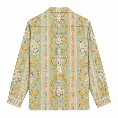 Golden clover powder peony baroque Print Long Sleeve Camp Collar Shirt